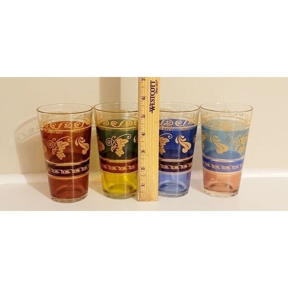 Set of 4 Vintage Moroccan MultiColor Gold Floral Design Juice Glasses 3 X 5.5 - Picture 7 of 7